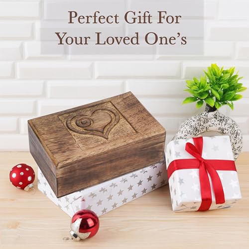 Ajuny Wooden Jewelry Box Heart Carved Keepsake Treasure Chest 8x5 Inch Case
