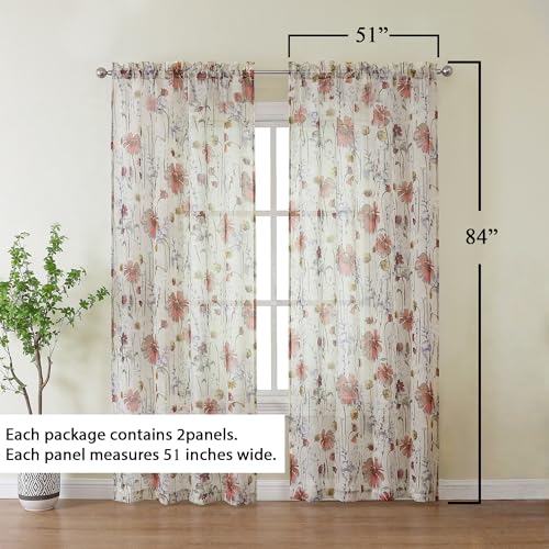 OWENIE Crushed Sheer Curtains 84 Inches Long 2 Panels Set, Sheer Floral Curtains Printed Drapes on Sheers for Living Room Bedroom, Rod Pocket Light Filtering Window Sheers (2 Panels, 51" x 84") - size: 51"W x 84"L (Pack of 2)