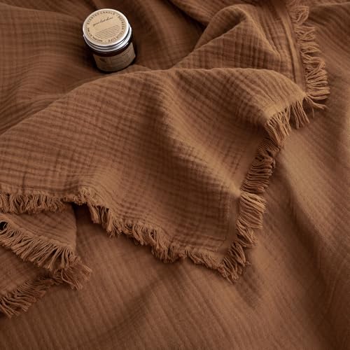 FOSSA Muslin Blanket 4-Layer 100% Cotton Gauze Blanket with Fringe 50"x70" - color: Dark Orange, size: Throw XL (50" × 70")
