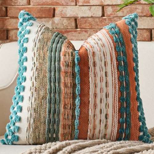 AmHoo Chenille Tufted Striped Textured Boho Throw Pillow Covers Aesthetic Woven Decorative Pillow Case for Couch Bed Sofa Bedroom Modern Funky 18 x 18-Inch Turquoise Multicolor - color: Turquoise Multicolor, size: 18" x 18" (Pack of 1)