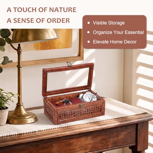 Hipiwe Rattan Display Box with Glass Lid Vintage Wicker Storage Baskets - color: Brown, size: Medium,12.6"x6.7"x4.4"