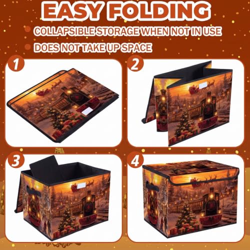 Briwooody Christmas Storage Bin with Lid and Carrying Handle Christmas Train Foldable Storage Box Large Xmas Snowy Night Decorative Collapsible Container Basket for Organizing Closet Home Bedroom - style: Christmas Train