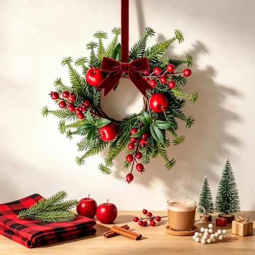 2 Pcs Mini Christmas Wreaths for Cabinet Doors with Red Apples Berries Pine Sprigs Farmhouse Xmas Decor for Indoor Outdoor Farmhouse Home Wall Window Festival Wedding Decor - size: Christmas