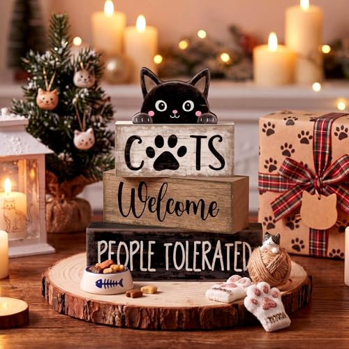 Lineshading 4 Pcs Cat Wooden Sign Set, Farmhouse Tiered Tray Decor - style: Cats