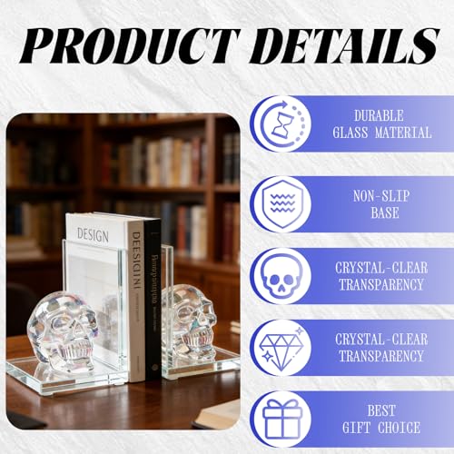 Decorative Bookends for Shelves - Glass Unique Bookends Crystal Skull for Heavy Books, Beauty Home Office Decor, Day of The Dead Decor (Transparent Iridescent) - color: Transparent Iridescent