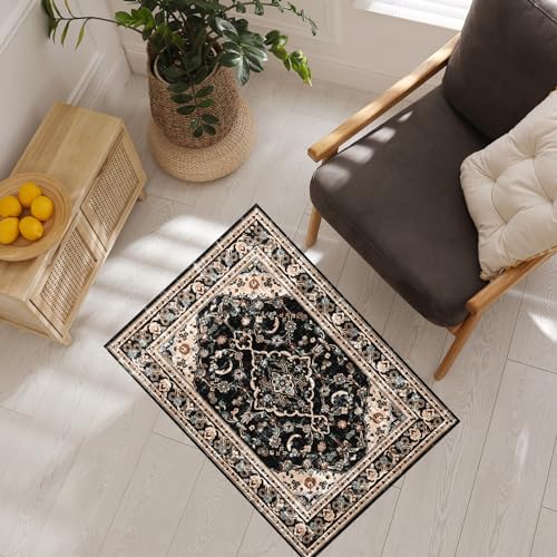 Vhong Washable Area Rugs Boho Vintage Modern Neutral Small Carpet Black and Brown 2×3 Doormat High Traffic Rugs for Bathroom Kitchen Entryway Non Slip, Black/Brown - color: Black/Brown, size: 2x3
