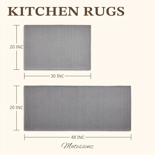 MatEssenz 2-Piece Kitchen Rugs Set, 20"x30" + 20"x48", Faux Linen Woven Textured Washable Kitchen Mats for Floor, Slip Resistant Gel Backing Standing Desk Mat for Sink Laundry Room, Grey - color: Grey, size: 20"x30"+20"x48"