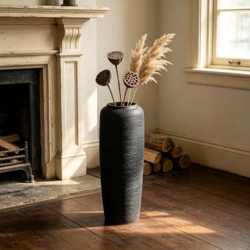 Black Rustic Ceramic Floor Vase, 19.7 Inch, Ribbed Texture - size: 19.7 Inch