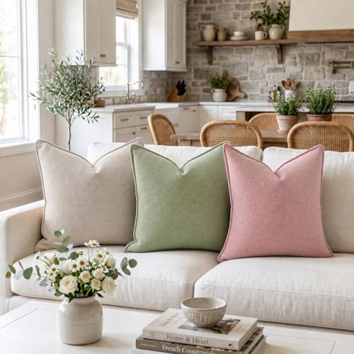 Fancy Homi Set of 2 Beige 18x18 Inch Soft Chenille Decorative Throw Pillow Covers with Flange Edge, Square Neutral Modern Boho Textured Cushion Case Home Decor for Couch Sofa Bed Living Room - color: Beige, size: 18" x 18" (Pack of 2)