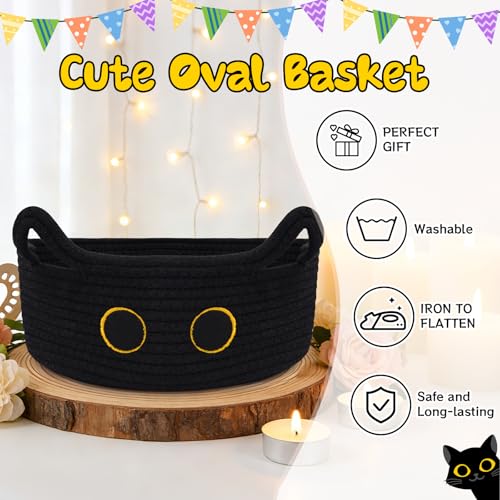 Black Cat Toy Basket for Nursery,Small Cute Cat Oval Woven Rope Basket - color: Black, size: 12"D x 5"H IN