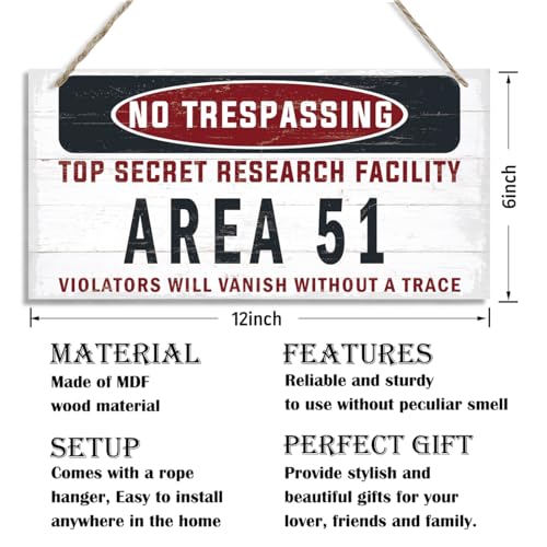 Warning Sign, Area 51 No Trespassing Warning Wood Plaque Sign, Funny Door Signs, Decorative Wood Hanging Suspension Plaque, Farmhouse Wooden Wall Decor - color: Area 51