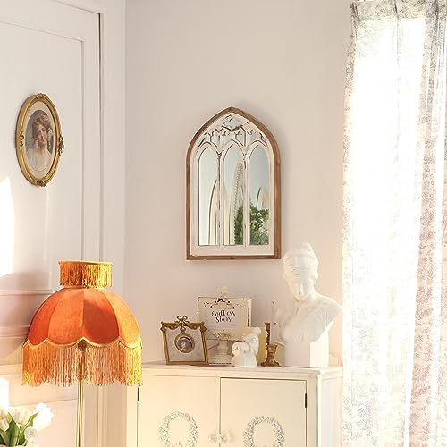 Arch Window Wall Mirror - Farmhouse Cathedral Wall Decor with Wooden Frame for Entryway Hallway Living Room - 16.14" x 1.38" x 25.2"