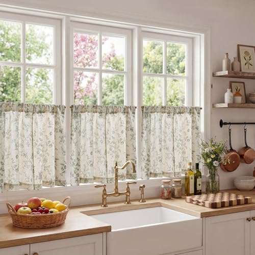 jinchan Floral Linen Kitchen Tier Curtains, 24 Inch, 2 Panels, Green - color: Amlie Green, size: 26"W x 24"L (Pack of 2)