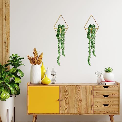Jexine 2 Pcs Boho Wall Decor Gold Hanging Planters with Artificial Plants Wall Art Mounted Metal Home Decor Display Bedroom Bathroom Living Room (Succulent Plants) - style: Succulent Plants