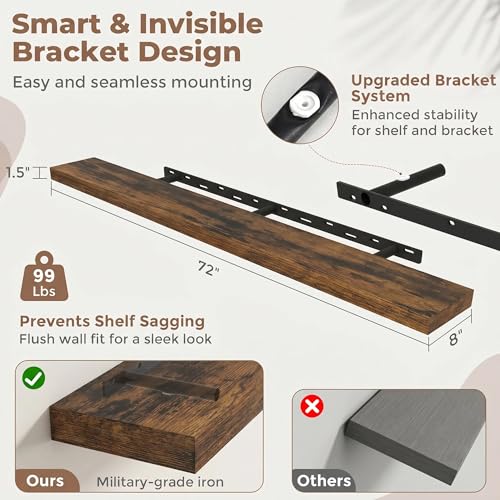 72 Inch Floating Shelves for Wall, 8"D Wood Storage Shelves, Brown Finish - color: Brown, size: 72 Inch