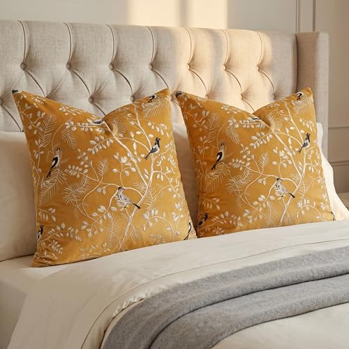 Decorative Velvet Pillow Covers 18x18 Set of 2, Bird Leaf Print Covers - color: Ochre