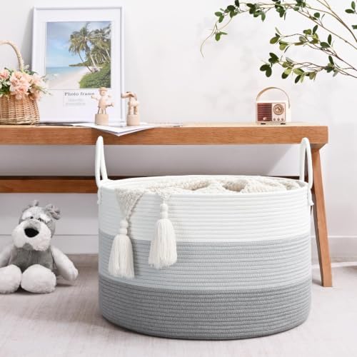 67L Large Woven Blanket Basket, Cotton Rope Baby Laundry Hamper with Handles, Kids Toy Basket for Classroom & Nursery, Soft Round Stuffed Animal Storage, Dog Toy Bin - 20"x13", Gray - color: Gray - W, size: Wide (20"D×13"H)
