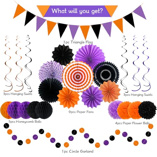 26 Pcs Halloween Party Decorations Kit, Paper Fans Pom Poms Banner 8-16 in - color: Purple