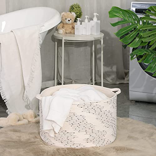 KAKAMAY Large Blanket Basket (20"x13"),Woven Baskets for storage Baby Laundry Hamper,Cotton Rope Blanket Basket for Living Room, Laundry, Nursery, Pillows, Off White with Blue & Brown Dotted Pattern - color: White Dot