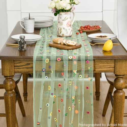 Artoid Mode Sage Green Embroidery Daisy Gauze Table Runner 120 Inch 10FT - color: Sage Green, size: 28" x 120"