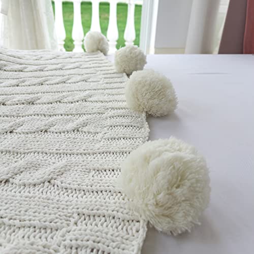 Chenille Chunky Knitted Throw Blanket with 14pcs Pom Poms Tassel Super Soft Cozy Warm Blanket for Sofa Bed Soft Couch 50 x60 inches (White)?-¡ - color: Pom-pom-white, size: Throw 50"X60"