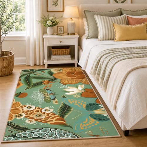 Tyrot Sage Green Boho Floral 3x5 Washable Area Rug Flat Woven Ultra-Thin Low Pile Rug Non Slip Indoor Botanical Butterfly Rug for Living Room, Bedroom, Entryway, Nursery, Dorm - color: Sage Bloom, size: 3' x 5' (Rectangular)