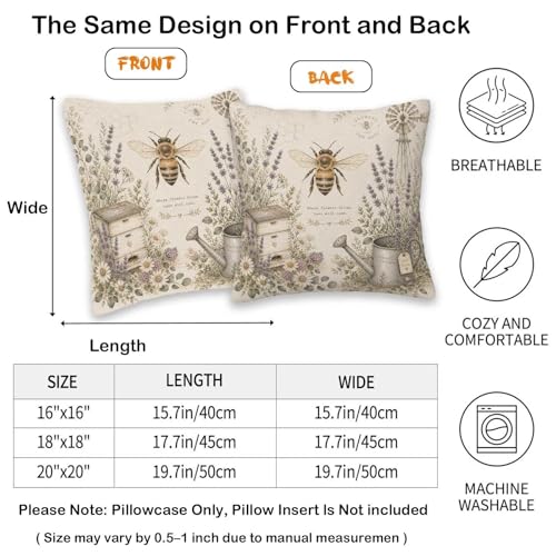 Bee Throw Pillow Covers 18x18 Set of 2, Honey Bee Lavender Floral Cushion Covers, Rustic Farmhouse Garden Pillowcases for Couch Sofa Bed Living Room Home Decor - color: Farmhouse Bee