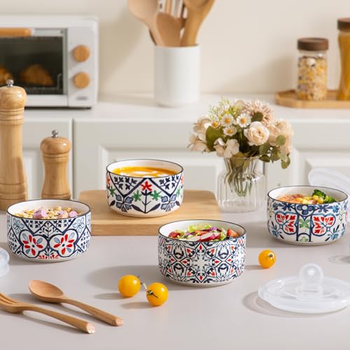 Ceramic Bowl with Lid, Microwave Safe, Set of 4 - color: color A2 - Set of 4