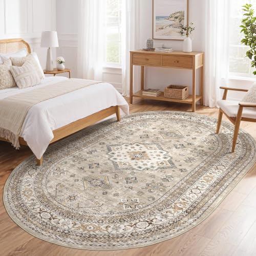 cotiled 5x8 Ellipse Area Rug for Living Room, Washable, Traditional, Beige - color: Beige, size: 5' x 8' (Oval)