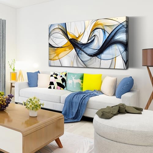 THRLVEART Abstract Wall Art Living Room - Large Canvas Prints Wall Art for Bedroom Ready to Hang Size 29" x 59" - color: Blue Yellow, size: 59"L x 29"W