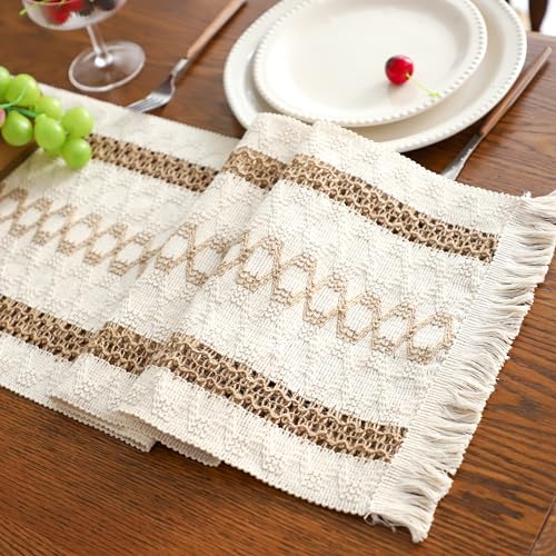 Simple&Opulence Boho Macrame Table Runner - 12 x 90 Inch, Splicing Burlap Farmhouse Cotton Table Runner with Fringed Edges for Bohemian Rustic Wedding, Bridal Shower, Dinner (Brown Pinstripe) - size: 12"x90", style: Brown Pinstripe