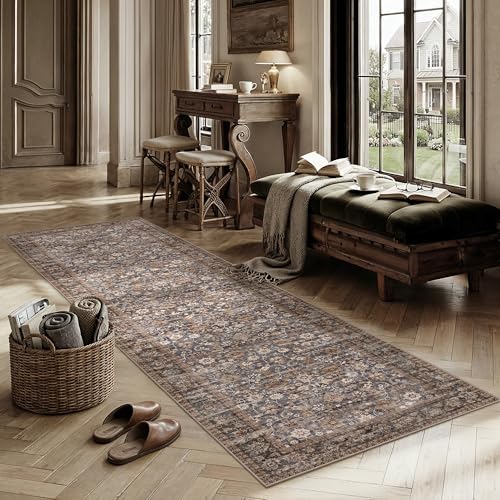HUGEAR 복도용 2'6x18' 브라운 블루 빈티지 꽃무늬 세탁 가능한 러너 러그 - color: 플로럴 | 브라운/블루, size: 2'6" x 8' (Runner)