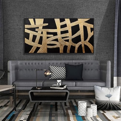Abstract Canvas Wall Art Modern Artwork Canvas Prints Framed Canvas Picture Contemporary Wall Art Black And Gold Lines Texture Artwork Bedroom Living Room Office Decoration Ready To Hang 24x48 - color: Black Gold, size: 48"L x 24"W