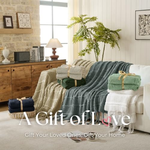 Boho Knitted Chenille Blanket with Tassels - Lightweight & Soft All-Season Throw - 3D Classic Pattern for Living Room Bedroom Couch, Celestial Blue, Twin 60"x80" - color: Celestial Blue, size: Twin