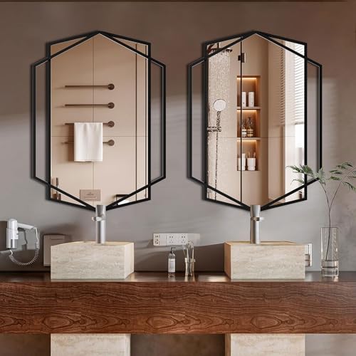 40''X30'' Hexagon Mirror Black Metal Framed Wall Mounted Geometric Bathroom Mirrors for Over Sink, Hexagon and Rectangular Mirror Vertical or Horizontal Hanging for Entryway, Living Room