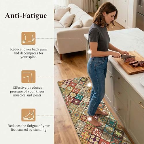 Boho Kitchen Rug Mats for Floor Cushioned Anti Fatigue Mexican Colorful Ceramic Tile Kitchen Rugs Sets of 2 Non Slip Waterproof Comfort Memory Foam Standing Floor Mat for Laundry Sink Desk - color: Warm Colorful, size: 46"Lx17"W+29"Lx17"W-0.3"H
