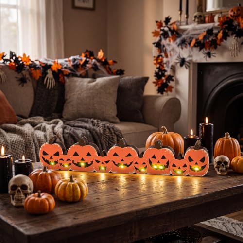 Yousoontic Halloween Decorations, Wood Light up Pumpkin Table Centerpieces - style: Spooky Pumpkin