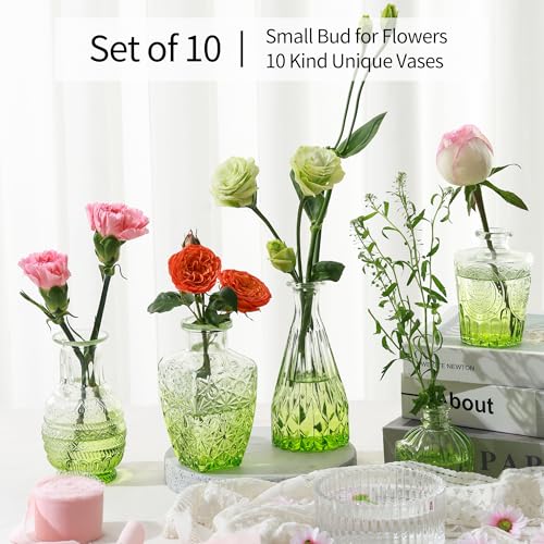 Olive Green Glass Bud Vases Set of 10, Wedding Table Centerpiece - color: Olive Green