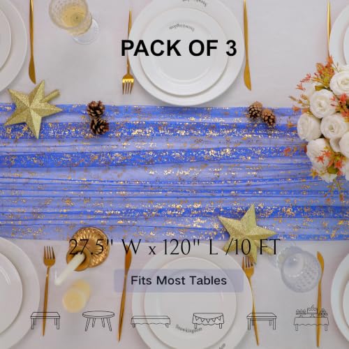 Royal Blue Gold Table Runner Glitter Decorations Sheer Gauze 10 Ft 3 Pcs - color: Blue Gold, size: 10FT/3Pcs