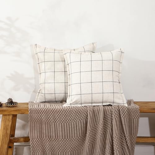 Pure Linen Plaid Throw Pillow Covers 20x20, Set of 2, White - color: White, size: 20x20inch