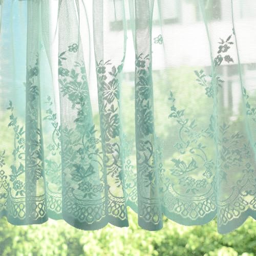 Molaxhome Kitchen Curtains Valance Blue Lace Floral Semi Sheer Curtain - color: Blue-green, size: 29"W x 24"L (Pack of 1)