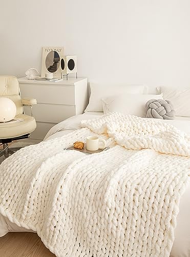 Chunky Knit Blanket Soft Chenille Yarn Knitted Throw Blanket 50"X60" Handmade Cable Warm Thick Giant Blanket for Couch Bed Trips (White, Throw 50"X60")?-¡ - color: Cream White, size: Throw 50"X60"