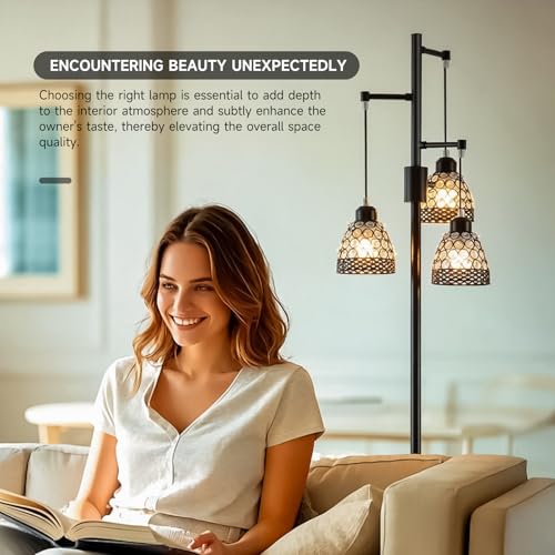 Vintage 3-Head Floor Lamp with Crystal Beads, Industrial Metal Standing Retro Lamp Adjustable Hanging Light for Living Room-Black - color: Black
