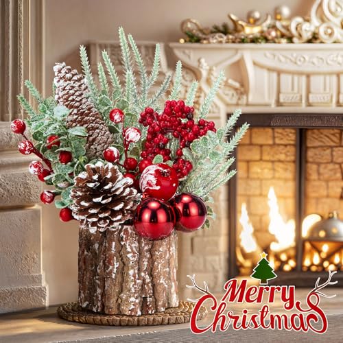 Christmas Decorations Indoor, Christmas Centerpiece Table Decorations, Small Artificial Tabletop/Desk Christmas Tree with Xmas Ornaments Pinecone Berry for Home Farmhouse Mantle Décor (Red)