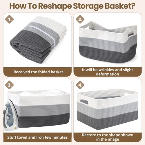 Optish 75L Large Woven Blanket Basket, Storage Basket with Handles - color: White & Grey, size: 22" x 17" x 11.5"(75L)