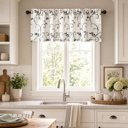 VOGOL Gray Leaf Embroidered Linen Textured Valance, 60 x 18, 1 Panel - color: Grey, size: 60"W x 18"L (Pack of 1)