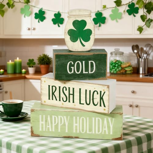 St. Patrick’s Day Decorations - St Patrick Day Irish Luck Tiered Tray Decor Set - Wooden Shamrock Tabletop Decoration - Rustic Farmhouse Holiday Home Decor for Indoor Shelf Mantel Coffee Table Gift - style: Shamrock