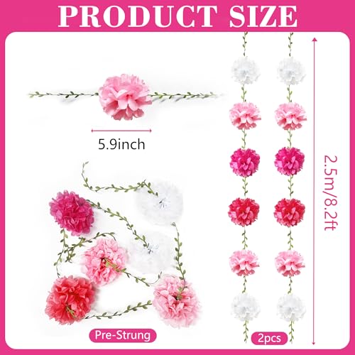 Hot Pink White Party Decorations Ombre Pink White Tissue Paper Flowers Pom Pom Leaf Ribbon Hanging Streamer Garland for Women Girls Birthday Bachelorette Wedding Shower Flamingo Party Supplies - color: Hot Pink