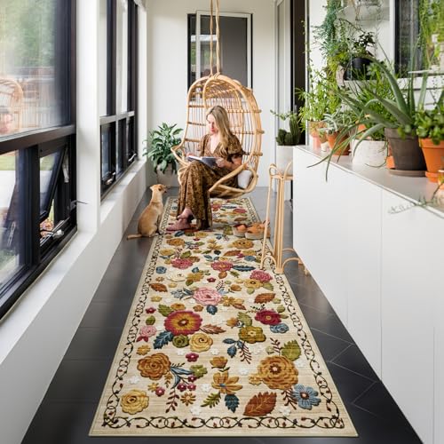 Washable 2x8 Runner Rug, Beige Boho Floral Non-Slip for Hallway, Kitchen - color: Beige, Cream, Mustard, Brick Red and Blue, size: 2' x 8' (Rectangular)