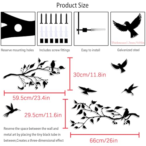 Harikikochuu 4PCS Large Birds on Branch Metal Wall Art Decor,Black Leaves with Birds Silhouette Art Metal Leaves with Hummingbirds Outdoor Wall Decor for Livingroom Balcony Garden Patio Decor. - color: Black
